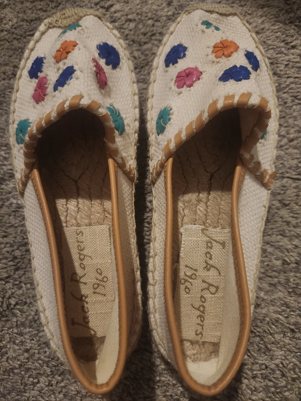 Jack Rogers White Canvas Espadrilles with Multicolor Flower Accents